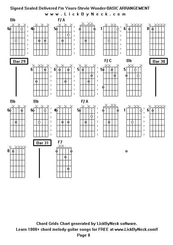 Chord Grids Chart of chord melody fingerstyle guitar song-Signed Sealed Delivered I'm Yours-Stevie Wonder-BASIC ARRANGEMENT,generated by LickByNeck software.